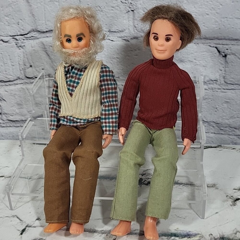 Vintage 70s Mattel Sunshine Family Dolls Lot 2 Dad Man Grandpa Original Clothes